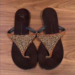 Giuseppe Zanotti Tan and Gold Chain Sandals (used)